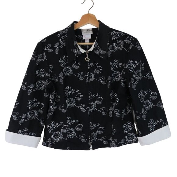 JOSEPH RIBKOFF Women's Black White Embroidered Zip Front Jacket 12 Contrast Cuff - Picture 1 of 10